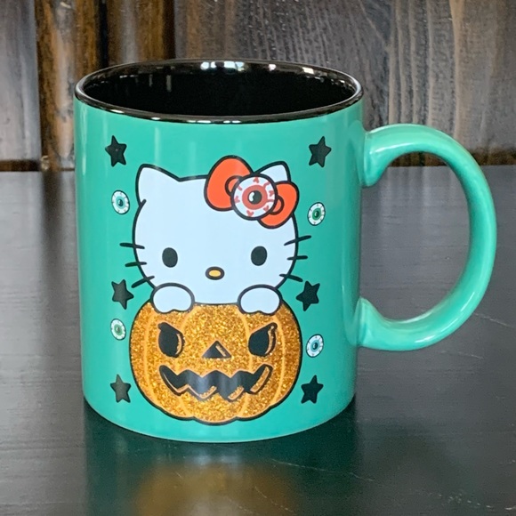 Hello Kitty 20oz Teal Green Halloween Mug - Jack O Lantern Stars Eyeballs - Picture 1 of 8